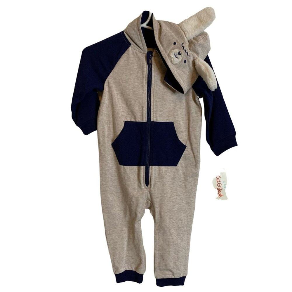 NWT Cat and Jack 12M Grey Bunny Hooded Long Sleeve Half Zip One Piece Outfit